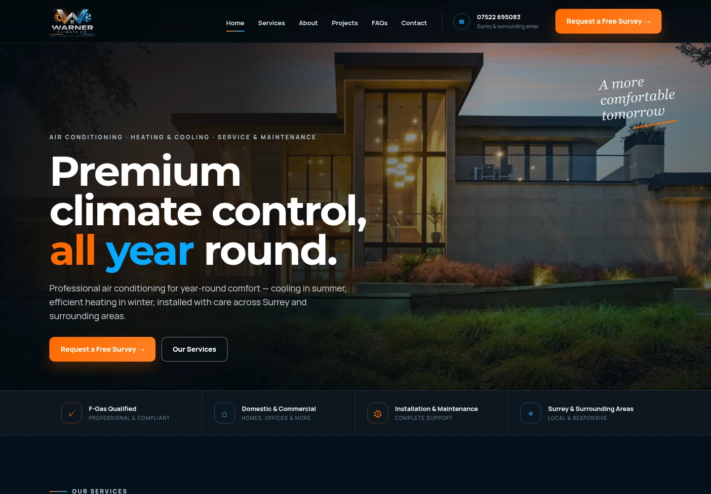 Warner Climate Co website with a dark blue design and air conditioning services